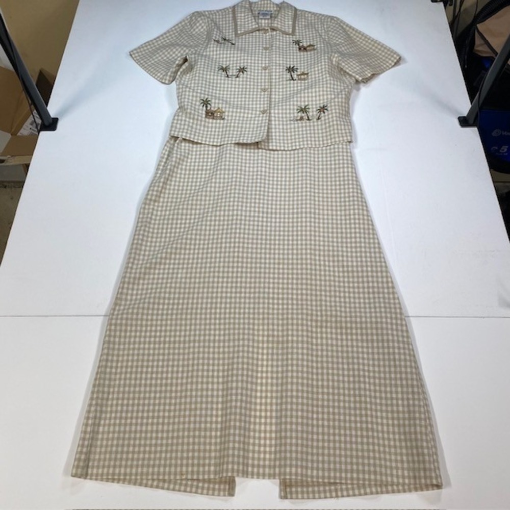 Ultra Dress New York Tan‎ Gingham Linen Blend Tropical Embroidered 2pc Size 16